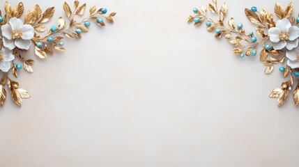 Elegant floral decoration on a neutral background, ideal for weddings or special events, showcasing intricate gold and turquoise accents