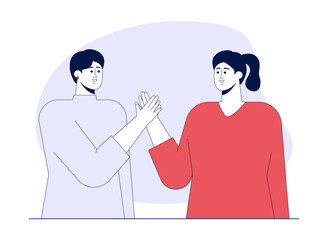 Obraz premium Two friends meet and greet each. Friendship illustration. Flat vector illustration