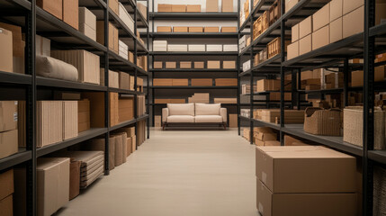 spacious warehouse filled with neatly organized boxes and shelves, featuring stylish sofa in center, showcasing modern and minimalist aesthetic