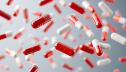 Red and white capsules flying in the air for medicine or healthcare advertisment designs