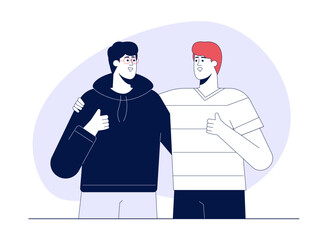 Two friends meet and embrace each. Friendship illustration. Flat vector illustration