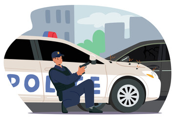 Police Officer Takes Cover Behind A Bullet-riddled Patrol Car, Aiming His Weapon At A Potential Threat, Cartoon Scene © Anna Syvak