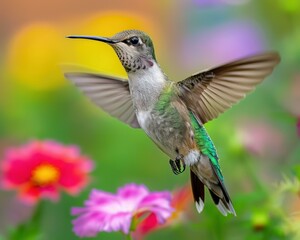 Fototapeta premium A hummingbird in flight, wings outstretched, with colorful flowers in the background. AI.