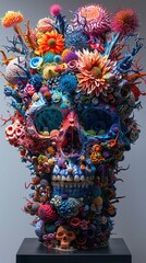 Surreal Floral Skull Sculpture: A Colorful Art Installation