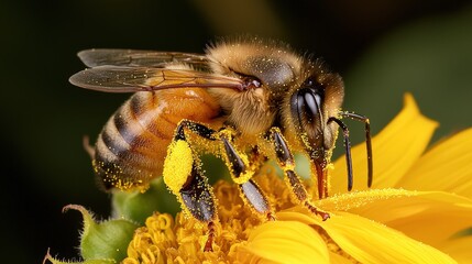 A close-up view of a bee collecting pollen from a vibrant yellow flower during a sunny day in a blooming garden