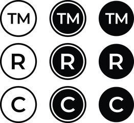 Set of registered trademark copyright icon isolated on transparent background. tm symbol icon. r icon symbol. C symbol icon. Vector illustration