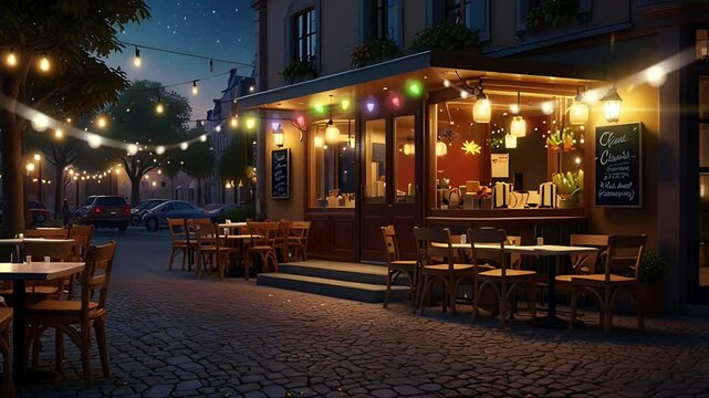 Cozy cafe on the side of the road at night. Seamless 4K looping timelapse video animation background