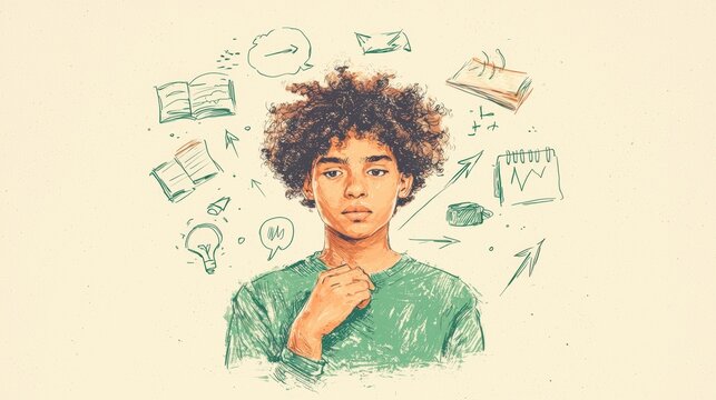 A thoughtful young boy contemplating his future amidst symbols of education and creativity at home