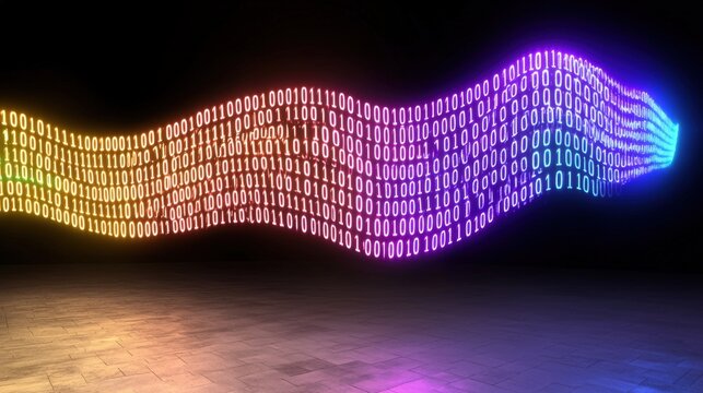 Colorful wave of binary code illuminated on a dark background, showcasing digital technology and data flow in modern computing