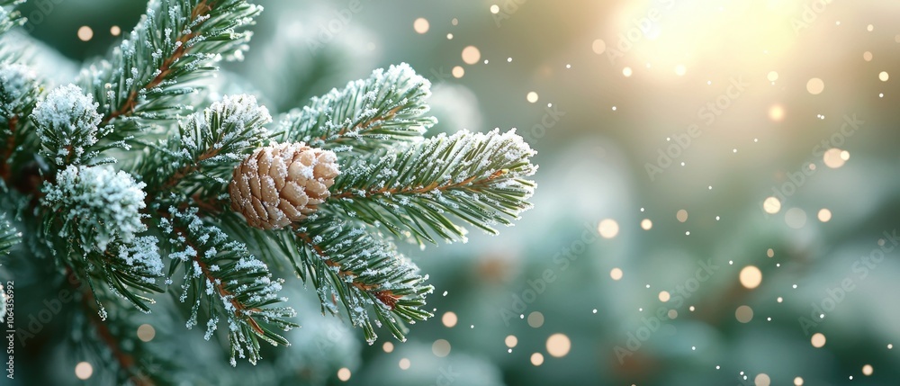 Poster Close-up of a Snowy Pine Branch with a Pine Cone in the Foreground