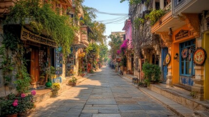 Obraz premium Colorful Street Scene with Cobblestone Road and Traditional Shops in Asia