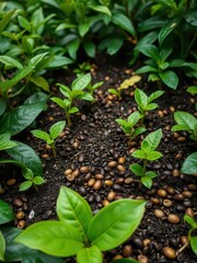 Coffee bean seedlings growing in nature, surrounded by lush green foliage, symbolizing growth and sustainability, background