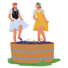 Obraz premium Two Women Stomp Grapes In A Large Wooden Barrel, Participating In Traditional Winemaking. Girls Smiling