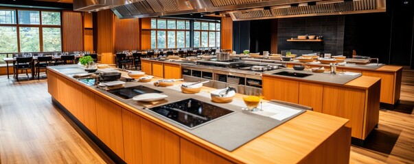 A sleek, modern kitchen space featuring ample countertops, cooking stations, and a warm wooden aesthetic, designed for culinary creativity and collaboration.