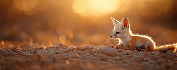 A fennec fox resting in warm sunlight, with a soft, glowing background of sand and light.