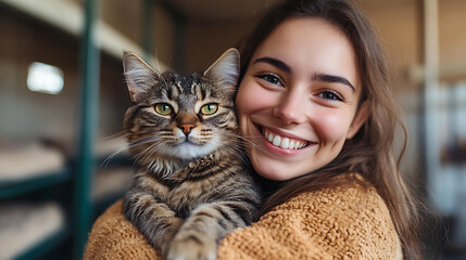 A woman is holding a cat and smiling
