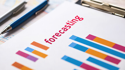 Forecasting report with colorful bar graphs and pen on desk, showcasing data analysis and business planning