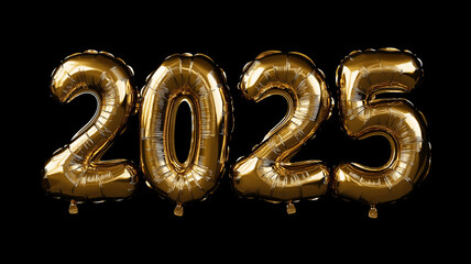 2025 Golden foil balloon isolated on black background. Happy new year greeting concept.