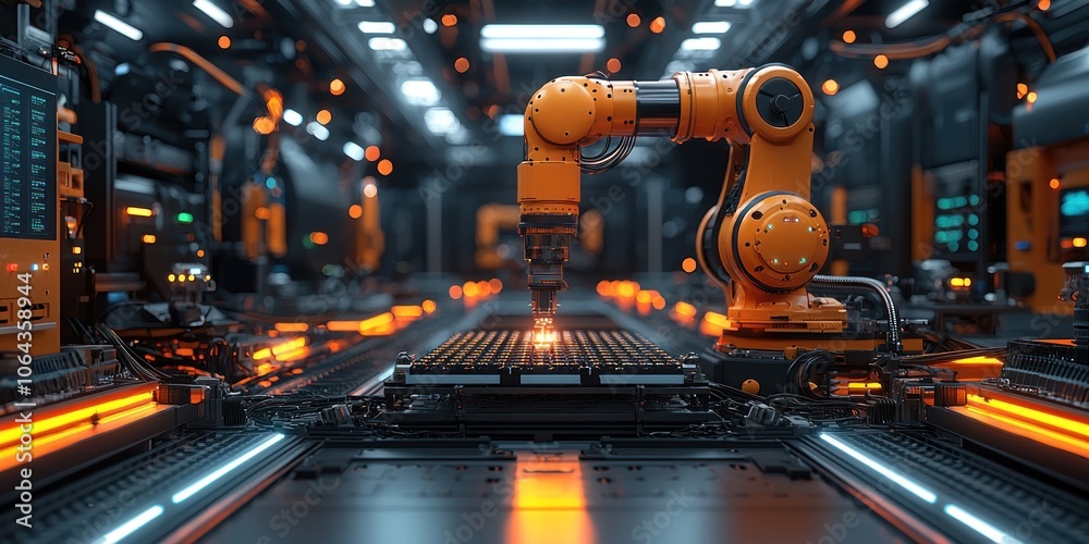 Poster Automated Robotic Arm Assembling a Circuit Board in a Modern Factory