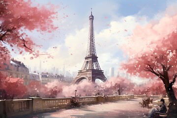 A picturesque view of the Eiffel Tower in Paris, France, with cherry blossoms in bloom.