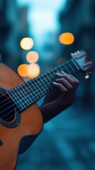 Obraz premium A person playing guitar on a city street at dusk, with soft bokeh lights in the background.