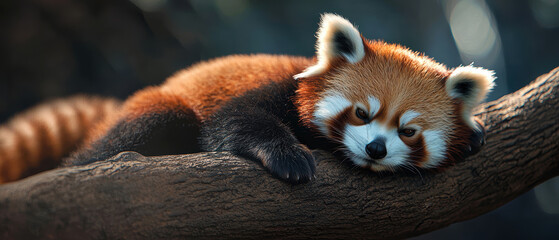 A relaxed red panda resting on a tree branch in a tranquil forest setting.