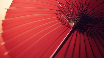 95.A realistic 3D render of a traditional Japanese parasol in vivid red, with a close-up focus on the detailed wooden spokes and the elegant curves of the umbrellaâ€™s structure. The background is