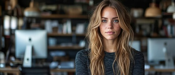 Portrait of a Young Woman with Long Blonde Hair and Freckles