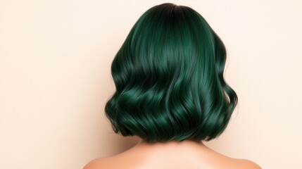 Fototapeta premium A vibrant green bob hairstyle showcased on a model against a plain background, highlighting contemporary hair fashion trends