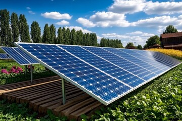 Vintage-style poster of a rural solar farm with classic fonts and colors, blending tradition with modern energy solutions