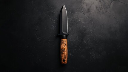 A sleek black knife with a wooden handle on a textured black surface.