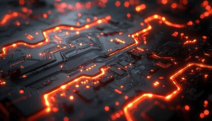 Close-up of a Circuit Board with Glowing Red Lines