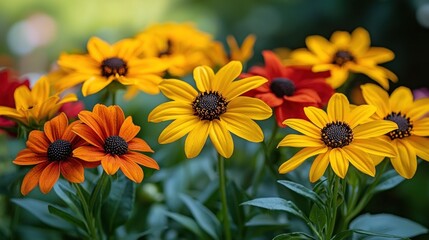 Close-up of yellow and orange flowers with dark centers