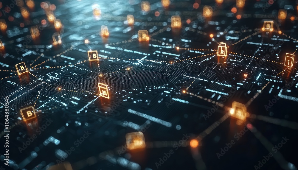 Poster Abstract Visualization of Cryptocurrency Network with Glowing Bitcoin Symbols on a Circuit Board Background