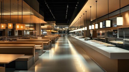 Modern Restaurant Interior with Sleek Design and Ambient Lighting in a Spacious Dining Area Featuring Wooden Booths and Contemporary Decor