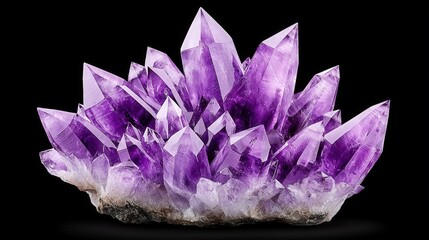 Fototapeta premium A stunning display of amethyst crystal cluster with vibrant purple hues resting on a natural base against a dark background