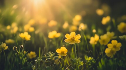 Fototapeta premium Close-up view of a vibrant yellow flower bathed in sunlight amidst lush green foliage, creating a serene nature landscape perfect for backgrounds and wallpaper