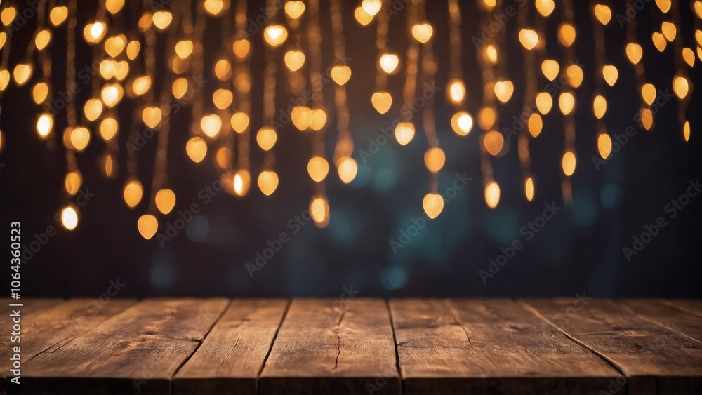 Wall mural rustic wood board surface with hanging strings of gold bokeh lights mockup background