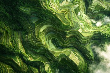Stunning Aerial View of Serene Fluid Landscape with Vibrant Green Organic Patterns and Swirling
