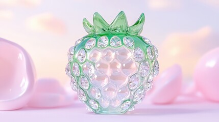 A decorative glass strawberry sculpture with sparkling embellishments set against a pastel background at sunset