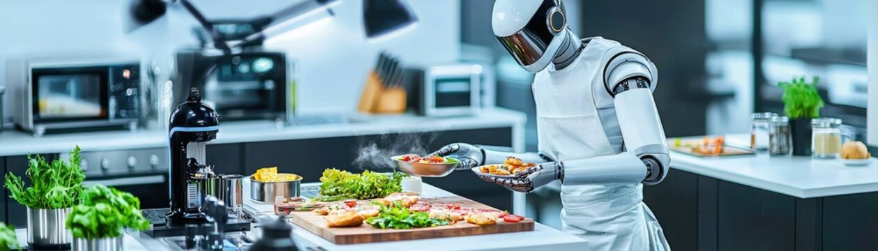 A robot chef prepares food in a modern kitchen filled with appliances, showcasing the intersection of technology and culinary arts.