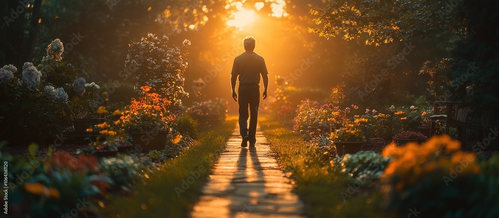Poster Man Walking Towards the Setting Sun on a Path Through a Garden
