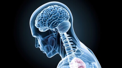 Anatomical illustration of the human brain and spine showcasing neural connections and overall structure in a detailed side view