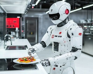 A futuristic robot chef prepares a colorful dish in a modern kitchen, showcasing advancements in culinary technology and automation.
