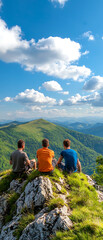 Fototapeta premium Hikers resting at summit enjoy scenic view of nature's beauty