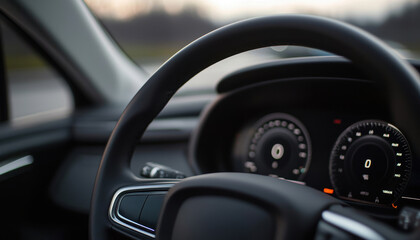 Car interior with a close-up view of the steering wheel and dashboard, showcasing modern design elements.