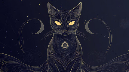 Line art illustration of a mystical black cat symbolizing a familiar spirit or elements of witchcraft. Mystical. Illustration
