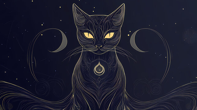 Line art illustration of a mystical black cat symbolizing a familiar spirit or elements of witchcraft. Mystical. Illustration