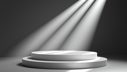Two-Tiered White Pedestal Under Spotlights Against a Dark Grey Background