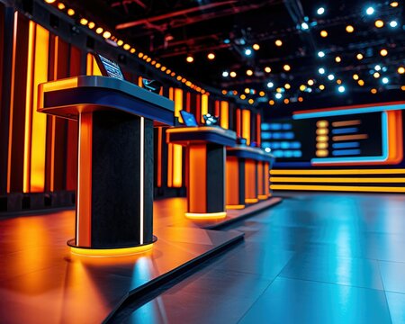 A modern game show set featuring illuminated podiums and vibrant lighting, creating an engaging atmosphere for contestants.